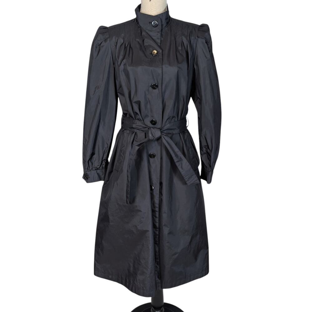 Vintage 1980s J Gallery Black Belted Trench Coat Dress Puff Sleeve